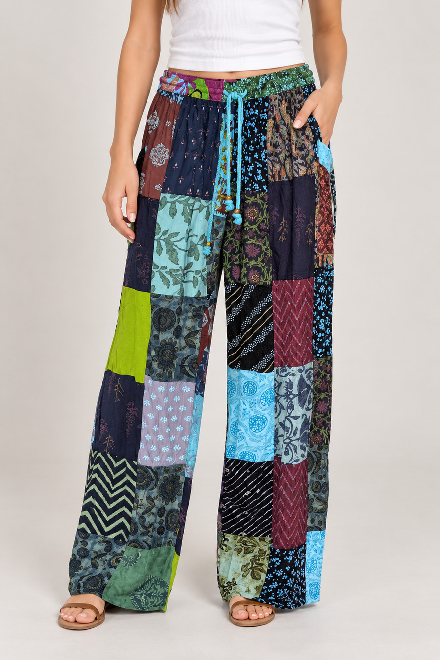 Kantha Patchwork Wide Leg Pants Made In India Boho One Size OS Fits S-XL